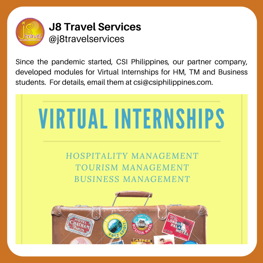 Virtual Internship for Hospitality Management and Tourism Management&nbsp;Courses